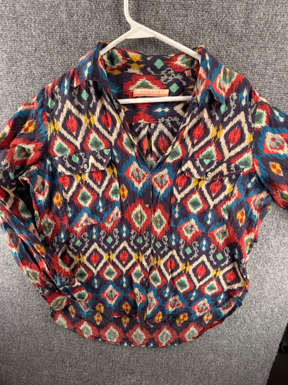 Vilagallo Colorful Patterned Button Up Shirt Women Size 44 Portugal Silk Cotton